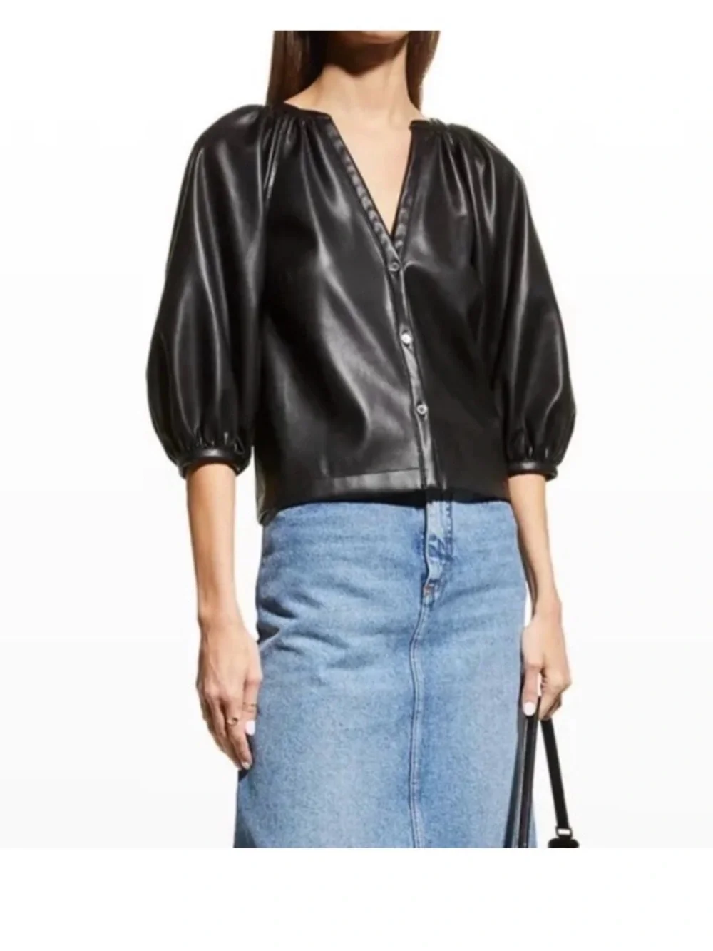 STAUD Black Dill Faux Leather Puff-Sleeve Buttoned Top M